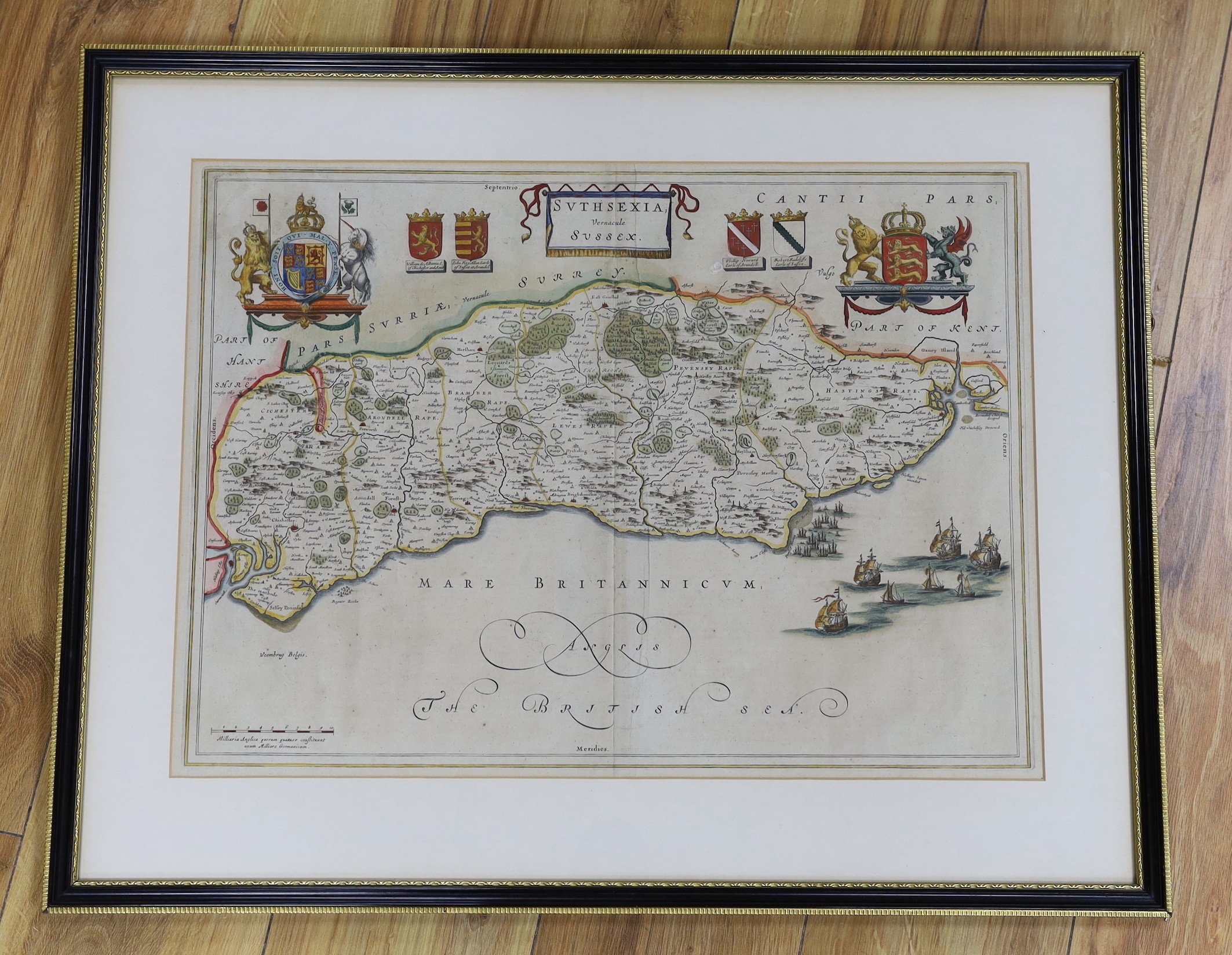 Jan Jansson, coloured engraving, Map of Suthsexia vernacule Sussex, Spanish text verso, 39 x 53cm